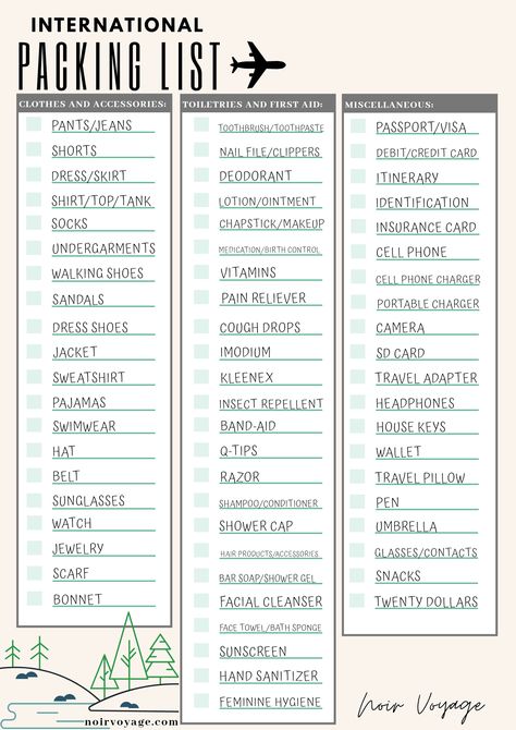 Click here for the best international packing list with tips and necessary travel accessories! Student Travel Checklist, Vacation Packing List Template, Traveling Overseas Tips, Packing List For Overseas Travel, Au Pair Packing List, Exchange Student Packing List, International Trip Packing List, International Packing List For Women, Travel Abroad Packing List