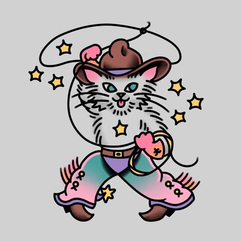 Traditional cowboy cat tattoo cute pastel Funny Traditional Tattoos, Cowboy Cat Tattoo, Stick Tattoo, See Tattoo, Cowboy Tattoos, Traditional Tattoo Inspiration, Oregon House, Tattoo Me, Petit Tattoo