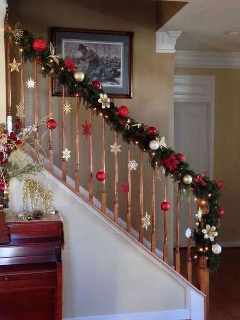 100+ Cheap and Easy DIY Christmas Decor Ideas that proves Elegance is not Expensive - Hike n Dip Christmas Banister, Christmas Stairs Decorations, Staircase Decor Ideas, Christmas Staircase Decor, Christmas Stairs, Dollar Tree Christmas Decor, Christmas Staircase, Dollar Tree Christmas, Diy Christmas Decorations Easy