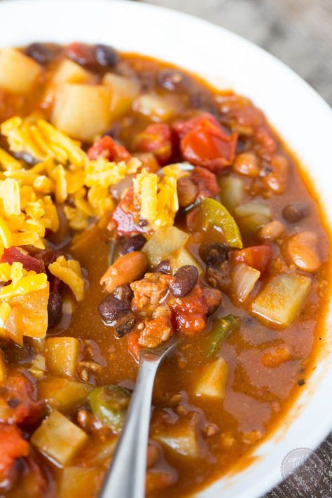 Slow Cooker Chorizo, Potato, and Two-Bean Chili - Table for Two® by Julie Chiou Slow Cooker Chorizo, Chorizo Potato, Chorizo And Potato, Slow Cooker Recipes Dessert, Healthy Vegetarian Dinner, Best Crockpot Recipes, Table For Two, Slow Cooker Recipes Healthy, Easy Slow Cooker Recipes