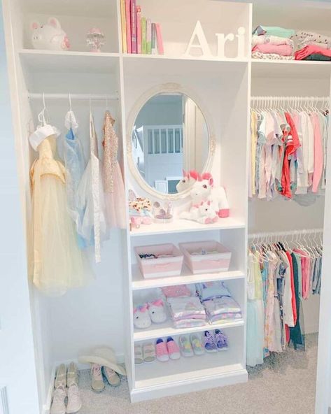 Girls Closet Ideas, Closet Shelving Ideas, Girls Closet Organization, Dark Oak Flooring, Kids Clothes Organization, White Storage Box, Closet Shelving, Girls Closet, Closet Design Layout