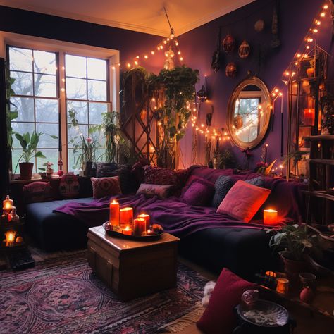 Night Aesthetic Living Room, Electric Goth Decor, Chill Living Room Ideas, Dark Eclectic Home Decor, Whimsical Gothic Living Room, Dark Orange Room Aesthetic, Grunge Living Room Ideas, Witchcore Living Room, Whimsi Goth Decor