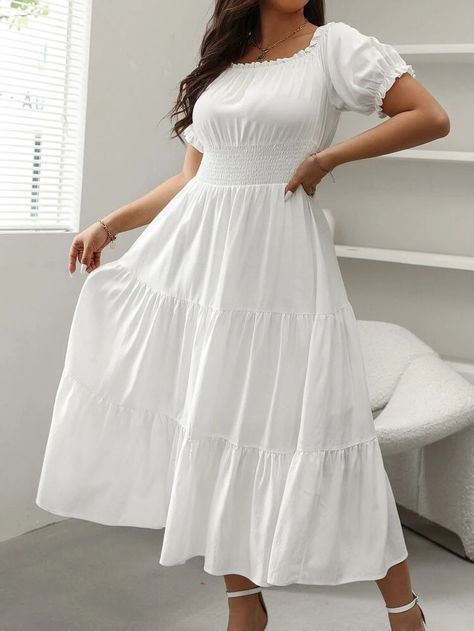 Plus Off Shoulder Frill Trim Shirred Waist Ruffle Hem Dress | SHEIN USA Shefong Dress, White Tiered Dress With Ruffle Hem For Daywear, White Breezy Dress With Ruffle Hem, White Knee-length Dress With Ruffle Hem, White Knee-length Smocked Dress With Ruffles, Casual Knee-length Tiered Dress With Ruffle Hem, Shirred Dress, Ruffle Hem Dress, Ruffle Hem