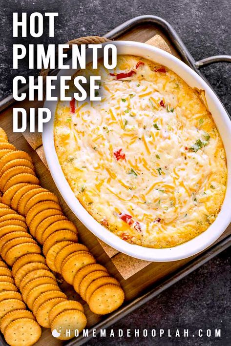 Hot Pimento Cheese Dip! A melted blend of savory cheeses, a few spices, sliced pimentos, and mild crackers for dipping make this Kentucky Derby appetizer a crowd-pleasing favorite. | HomemadeHooplah.com Hot Pimento Cheese Dip, Hot Cheese Dip Recipes, Kentucky Derby Appetizers, Pimento Cheese Appetizer, Hot Cheese Dip, Kentucky Derby Food, Derby Recipe, Dip Recipes Hot, Derby Party Food