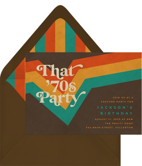 A fun party invitation with a 70s vibe. It features funky typography and a swanky color palette that is sure to set the mood.