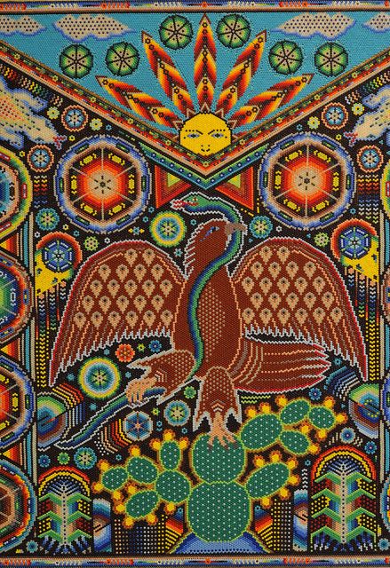 Huichol bead art: Mexica eagle holding a snake in its beak and perched on a nopal cactus. From a work exhibited at the Museo de Culturas Populares in Coyoacan, Mexico City Mexican Eagle, Yarn Painting, Travel Mexico, Huichol Art, Mexico Art, Mexican Culture, Visionary Art, Arte Popular, Indigenous Art