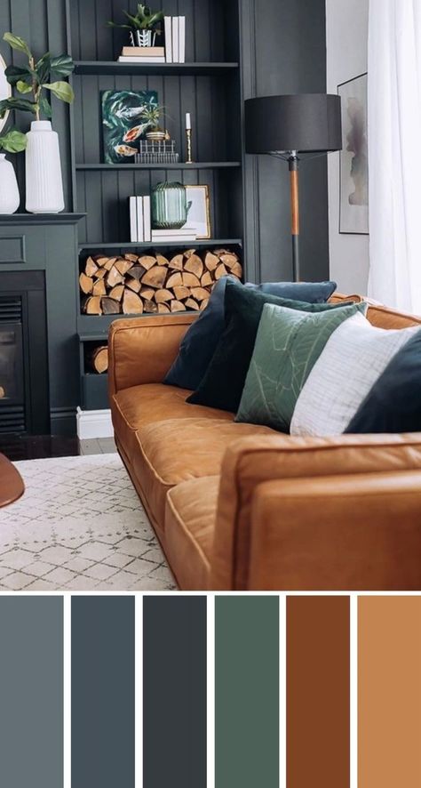 Masculine Mid Century Modern Living Room, House Colours Interior, Rust And Blue Living Room, Apartment Palette, Living Room Color Palette Ideas, Lounge Colour Scheme, Decorating Color Schemes, Living Room With Color, Sage Green Sofa