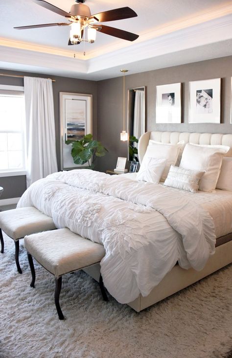 Our Master Bedroom Reveal + Sources – Pretty Domesticated Taupe Walls Bedroom, Sherwin Williams Backdrop, Taupe Bedroom Walls, Calming Bedroom Colors, Taupe Bedroom, Bedroom Inspirations Master, Bedroom Paint Colors Master, Taupe Walls, Family Bedroom