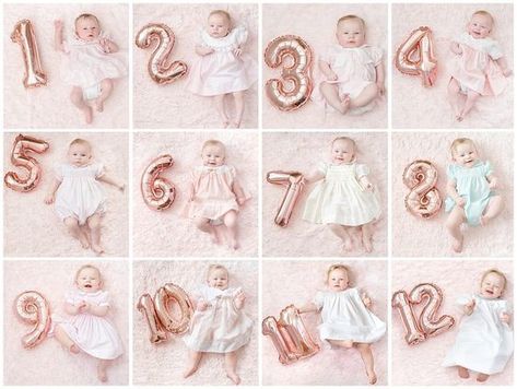 1st Month Milestone Ideas, Monthly Milestone Pictures Ideas, Newborn To 12 Months Pictures, Balloon Milestone Pictures, Baby 12 Month Pictures Ideas, Girl Monthly Milestone Ideas, Baby First Month Pictures Photo Ideas, Baby Girl Monthly Milestone Ideas, Baby Girl Milestone Ideas