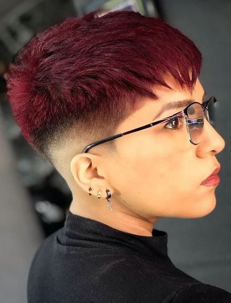 Short Dark Red Taper Fade Pixie Dark Red Hair On Short Hair, Low Fade Pixie Cut, Deep Red Short Hair, Very Short Red Hair, Cherry Cola Pixie Hair, Faded Pixie Haircut, Short Red Hair Pixie, Cherry Red Pixie Haircut, Short Dark Red Hair Burgundy