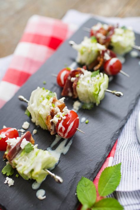 Luncheon Party Ideas, Salad Bites Appetizers, Lettuce Appetizers, Salad Bites, Blt Skewers, Blt Skewers Party Appetizers, Light Bites For Party, Mini Skewers Appetizers, Blt Crostini Appetizers