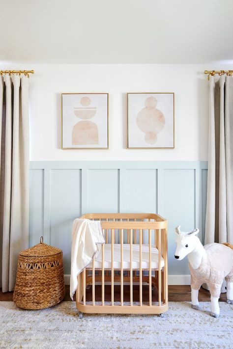 Nursery design Gender Neutral Blue And Wood Nursery, Light Blue Panelling, Nursery Paneling, Blue Neutral Nursery, Nursery With Paneling, Blue Panelling Nursery, Light Blue Board And Batten Wall, Blue And Natural Wood Nursery, Blue Wainscoting Nursery