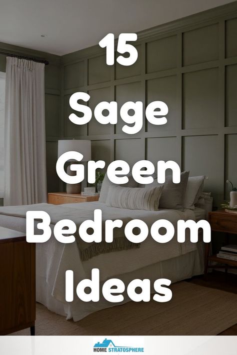 A stylish bedroom with sage green panel walls, offering inspiration for peaceful, nature-inspired decor. Green Bedroom With Grey Bed, Sage Green Bedroom Artwork, Bedrooms With Sage Green Bedding, Sage Green Accent Bedroom Wall, Willow Green Bedroom, Green Guest Room Inspiration, Sage Green And Natural Wood Bedroom, White Green Bedroom Ideas, Sage Panelling Bedroom