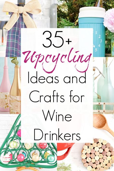 If you're a wine lover AND a crafter, then you can combine both your loves with this amazing collection of wine crafts that use wine-related products (corks, bottles, crates, and racks)! All sorts of upcycling ideas for wine drinks and gifts for wine lovers. #winkcorkideas #winecorkcrafts #giftsforwinelovers #winelovers #winedrinkers #winebottlecrafts #winebottleideas #upcyclingideas #recyclingprojects #winegifts Wine Themed Crafts, Reuse Wine Rack, Wine Bottle Crafts Wine Wicks & Gifts, How To Clean Wine Corks For Crafts, Misty Wedding, Recycled Bottle Crafts, Diy Cork Board, Christmas Wine Cork Crafts Bed Bath & Beyond, Upcycled Decor