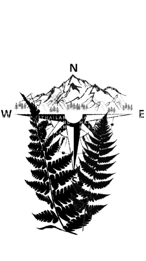 tattoo idea of mountains on top of a compass with fern leaves surrounding the bottom Ferns Tattoo, Fern Tattoo, Fern Leaves, Mountain Tattoo, A Compass, Compass Rose, Travel Inspired, Compass Tattoo, Tattoo Idea