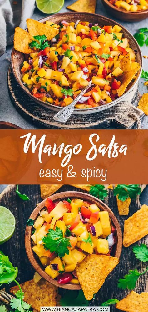 This fruity mango salsa recipe is super quick and easy to make and so delicious! Perfect as a dip or topping for nachos, tacos or as a salad. #mango #salsa #salad #fruits #dip #nachos #easyrecipes #recipes #food #vegan #snacks #healthyrecipes | biancazapatka.com Zucchini Salsa, Mango Salsa Recipe, Salsa Salad, Vegan Bbq Recipes, Fresh Mango Salsa, Mango Salsa Recipes, Vegan Summer Recipes, Noodle Salad Recipes, Vegan Mexican Recipes