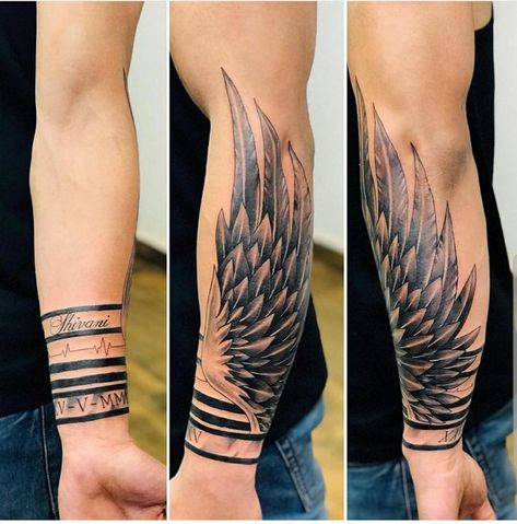 Angel Wings Wrist Tattoo For Women, Forearm Wing Tattoo Men, Wing Tattoo Men Arm, Wing Forearm Tattoo For Men, Wings Forearm Tattoo, Wing Sleeve Tattoo, Creative Tattoos For Men Inspiration, Angel Wings Tattoo Forearm, Forearm Wing Tattoo