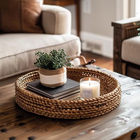 Round Table Tray Decor Ideas, Glass Tray Decor, Table Tray Decor Ideas, Round Tray Decor, Round Coffee Table Styling, Table Tray Decor, Woven Trays, Graduation Party Centerpieces, Coffee Table Centerpieces