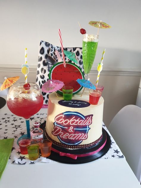 Inspired by my love of cocktails, and hubby's and his twins birthday.  I decided to create this cocktails theme cake.  2 layers of moist carrot cake on the bottom with 2 layers of white chocolate cake on top. Covered in a white chocolate cream frosting.   Decorated with flavoured alcoholic Jelly shots and glass decoration. Cocktail Themed Cake, Birthday Cake Gif, Cocktail Theme, Cocktail Cake, Jelly Shots, White Chocolate Cake, Moist Carrot Cakes, Baking Games, Cream Frosting