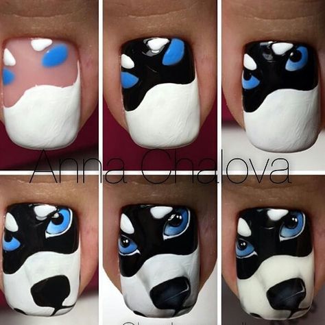 For dog lovers, sometimes it’s fun to show off our love for the canine kind. And if you like to have pretty nails and want to get creative, then why not try a dog-inspired manicure! You could go as simple as finding a polish to match the color of your dog’s … Husky Nail Designs, Husky Nail Art, Husky Nails, Dog Nail Art, Disney Nail Art, Animal Nail Designs, Face Nails, Disney Nail, Animal Nail Art