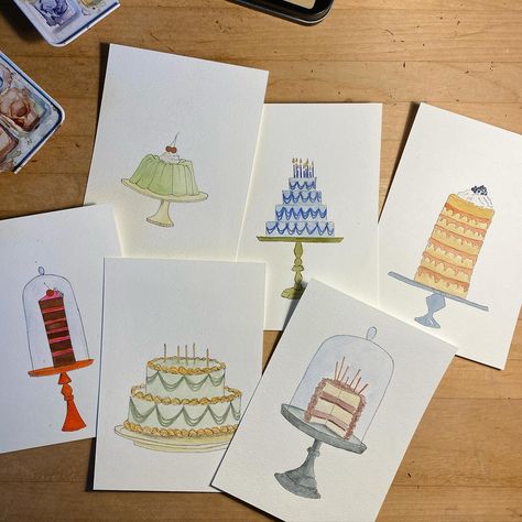 A full morning of painting birthday cakes! Wish I could paint cakes and eat them too. New birthday cards en route! #bearonpaper #watercolor #illustrationart #jacksonvilleartists #artistsoninstagram #greetingcards #customart #draweveryday #smallbusiness #supportlocal #supportsmallbusiness #birthdaycards #penandink #sketch #watercolorart #watercolorgreetingcards Birthday Cake Watercolor, Paint Cakes, Birthday Card Watercolor, Birthday Watercolor, Watercolor Birthday Cards, Watercolor Cake, Painting Birthday, 21st Birthday Cards, Watercolor Birthday