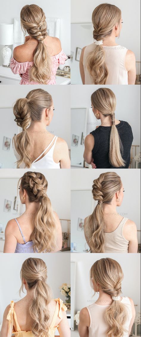 Seven styles of ponytails for each day of the week. Low ponytail. High ponytail. Bridesmaid Ponytail, Fancy Ponytail, Ponytail Hairstyles Tutorial, Tail Hairstyle, Pony Hairstyles, Elegant Ponytail, Hairstyles Tutorial, Hoco Hair Ideas Ponytail, Ponytail Hairstyles Easy