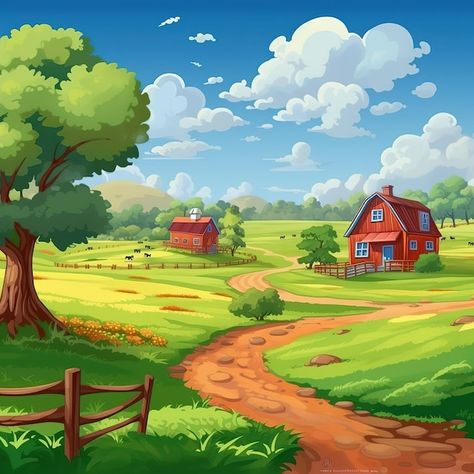 Cartoon Farm Background, Farmyard Illustration, Farm Cartoon Background, Farm Drawing Landscape, Landscape Scenery Drawing, Outside Scenery, Farm Mural, Farm Drawing, Village Illustration