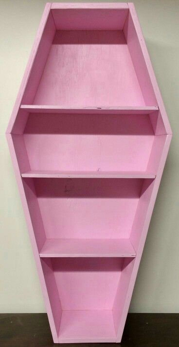 Pastel Goth Room Ideas, Pink Goth Room, Coffin Bookcase, Pastel Goth Room, Vtuber Ideas, Pastel Goth Decor, Coffin Shelf, White Bookshelf, Goth Bedroom