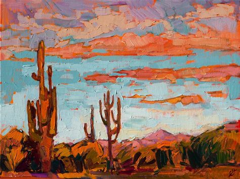 Desert Dusk - Contemporary Impressionism | Landscape Oil Paintings for Sale by Erin Hanson Western Artwork Landscape Paintings, Cowboy Oil Painting, Arizona Art Painting, Abstract Western Paintings, Western Landscape Paintings, Western Oil Paintings, Desert Oil Painting, Small Oil Paintings, Western Painting Ideas On Canvas