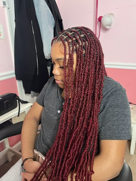 Burgundy Goddess Locs, Dark Red Soft Locs, Burgundy Soft Locs Black Women, Red Soft Locs Black Women, Burgundy Boho Locs, Dark Burgundy Locs, Burgundy Faux Locs Black Women, Red Faux Locs Black Women, Burgundy Locs Black Women