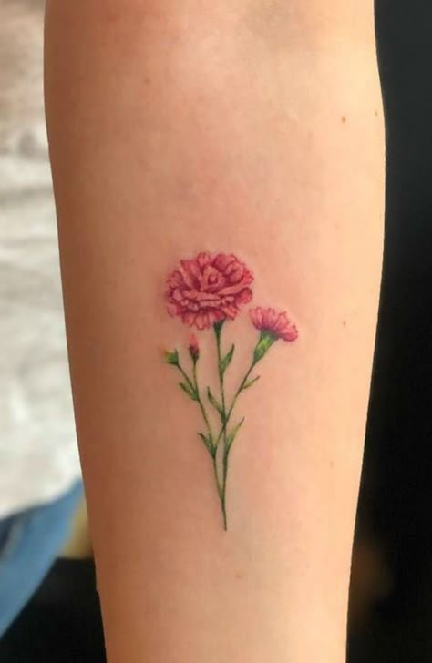 Pink Carnation Tattoo Mothers, Pink Carnation Flower Tattoo, Red Geraniums Tattoo, Carnation Flower Tattoo Watercolor, Colored Carnation Tattoo, Carnation Flower Tattoo Color, Tiny Carnation Tattoo, Pink Carnations Tattoo, Carnation Tattoo Color