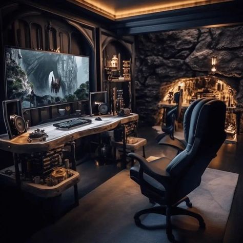 Bruce Wayne Office, Gaming Room Decorations, Fantasy Home Office, Victorian Gaming Setup, Fantasy Office Room, Dark Gaming Room Aesthetic, Mancave Office Ideas Small Room, Dark Game Room, Dark Academia Gaming Setup