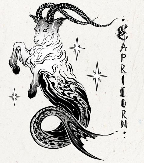 Capricorn Art Drawing, Pepper Shading Tattoo, Capricorn Art, Capricorn Tattoo, Greek Mythology Tattoos, Elbow Tattoos, Mythology Tattoos, Traditional Tattoo Design, Tattoo Design Book