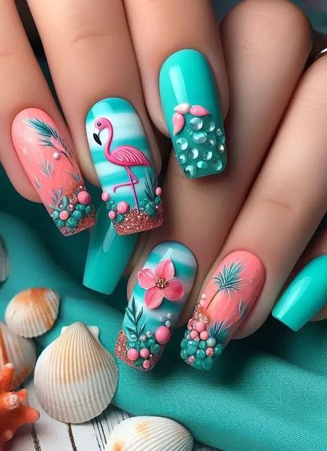 Nail Design Gold, Flamingo Nails, Tropical Nails, Colorful Nail Art, Colorful Nail, Fancy Nails Designs, Purple Nail, Vacation Nails, Jordans Women