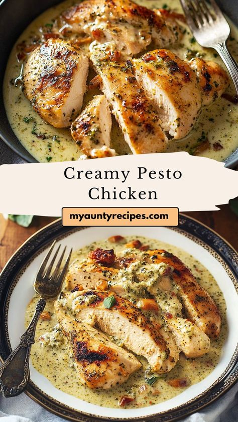 This creamy pesto chicken is your go-to recipe for effortless fall dinners. Juicy chicken is coated in a decadent pesto cream sauce, making it the ideal dish for chilly evenings. Pair it with crusty bread or a fresh side salad for a complete meal that’s ready in just 30 minutes. It’s a fall recipe you’ll want to make again and again! Chicken With Roasted Tomatoes, Pesto Cream Sauce, Creamy Pesto Chicken, Pesto Dishes, Cream Sauce For Chicken, Creamy Pesto Sauce, Chicken Pesto Recipes, Fall Dinners, Creamy Pesto