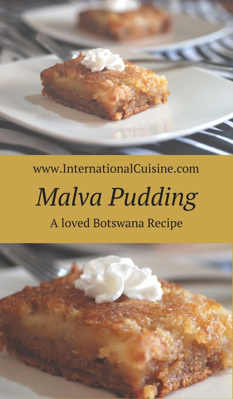 Malva pudding is actually more like a cake but it will be the most moist cake you have had.  A beloved recipe in Botswana and popular throughout South African countries.  Enjoy! Botswana Food Recipes, Malva Cake, Botswana Recipes, Botswana Food, Liberian Recipes, Kwanzaa Recipes, Recipes African, African Cake, Malva Pudding