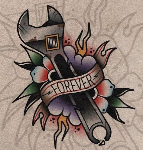 American Traditional Wrench Tattoo, Traditional Mechanic Tattoo, Traditional Banners Tattoo, American Old School Tattoo, Sailor Jerry Tattoo Flash, Abstract Tattoo Ideas, Half Sleeve Tattoos Forearm, Traditional Tattoo Old School, Old Scool