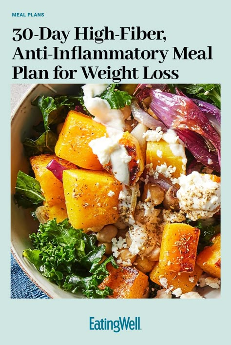 Follow this 30-day high-fiber, anti-inflammatory meal plan for weight loss to reduce inflammation and improve your health. #healthymealplans #healthyrecipes #mealplan #mealplanideas #mealplanning #mealprep#weightloss#dietrecipes#weightlossrecipes#weightlossideas#diet#dietinspiration#inflammation#antiinflammation#antiinflammatorydiet#healthyeating#eatingwell#healthy High Fiber Paleo Recipes, High Inflammatory Foods, High Protein Anti Inflammation Meals, High Fiber Meal Prep, Fiber Diet Plan, High Fiber Meal Plan, 1400 Calorie Meal Plan, Anti Inflammation Recipes, Healthy High Protein Meals