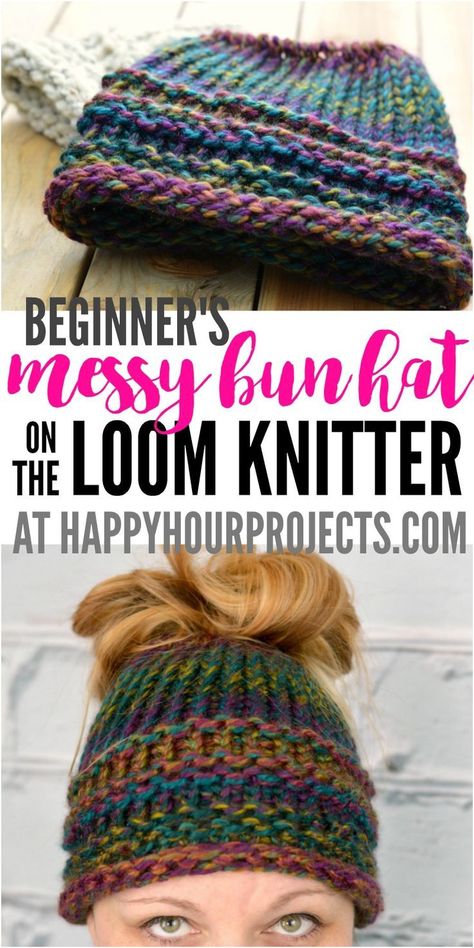 Diy Messy Bun, Hat Loom, Loom Knitting Patterns Hat, Loom Knitting For Beginners, Messy Bun Hat Pattern, Round Loom Knitting, Circle Loom, Loom Hats, Loom Knitting Tutorial