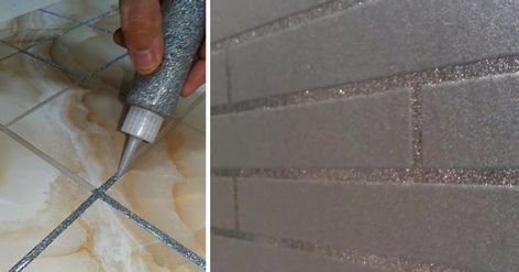 Sparkly Grout, Painted Shower Tile, Glitter Floor, Diy Grout, Glitter Tiles, Glitter Grout, Floor Grout, Organizational Hacks, White Tile Backsplash