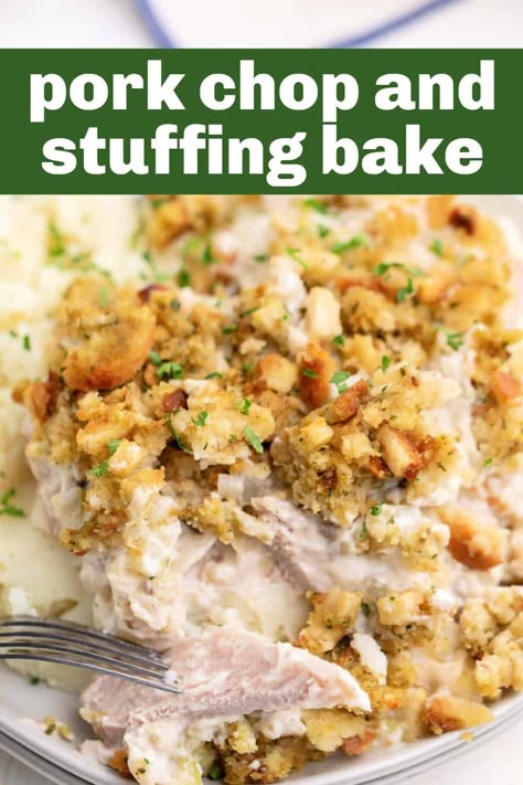 Our Pork Chop and Stuffing Bake is a quick, savory, and satisfying dish that you can whip up in under an hour. A perfect blend of juicy pork chops, boxed stuffing mix, and cream of mushroom soup for a weeknight comfort meal the whole family will love. Boneless Pork Chop Recipes | Meat Recipes | Pork Chop Recipes for Dinner | Pork Meals | Pork Chop Recipes For Dinner, Pork Chop Stuffing, Stove Top Pork Chops, Recipes For Dinner Pork, Pork Chop Casserole Recipes, Boxed Stuffing, Pork Loin Chops Recipes, Baked Boneless Pork Chops, Stove Top Stuffing Recipes