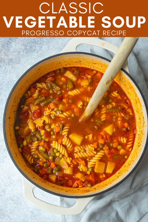 Make a comforting winter soup with this Progresso Copycat Classic Vegetable Soup! This tomato based vegetable soup is loaded with veggies, potatoes, and some rotini pasta to make it extra filling. Tomato Based Soups Vegetarian, Vegetable Pasta Soup Recipe, Vegetable Soup With Tomato Sauce, Crockpot Vegetable Soup With Noodles, Pasta Soup Recipes Vegetarian, Vegetable And Noodle Soup, Tomato Pasta Soup Recipes, Tomatoe Base Vegetable Soup, Vegetable Soup Tomato Base