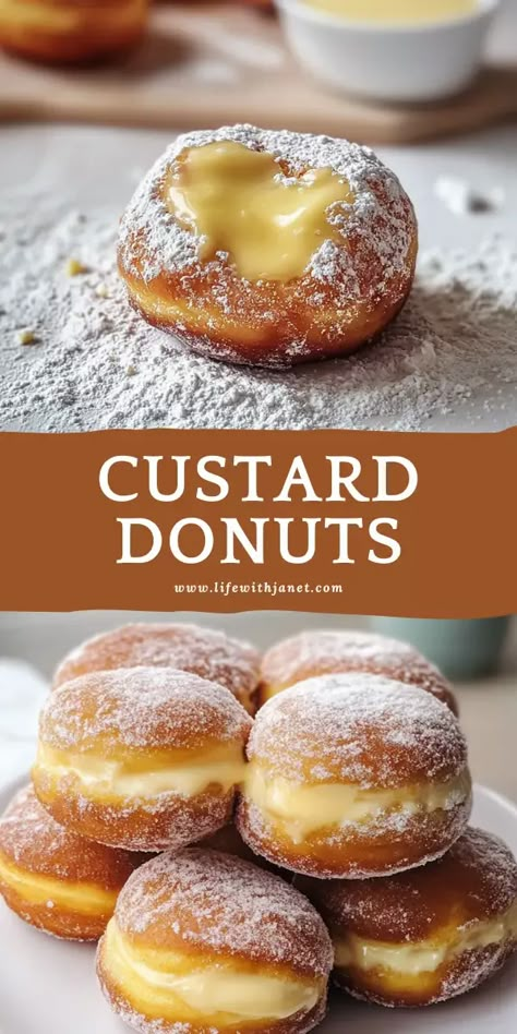 Donut custard Recipe Bombolini Donut Recipe, Doughnut Hole Recipe, Baked Donuts With Donut Pan, Custard Donuts Recipe, Cake Doughnut Recipe, Krispy Kreme Donuts Recipe, Pan Dulce Recipe, Donuts Recipe Easy, Custard Donut