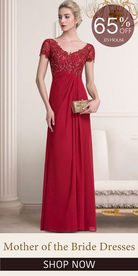 65% OFF✨Burgundy A-Line V-neck Floor-Length Chiffon Lace Mother of the Bride Dress | This jaw-dropping and irresistible mother of the bride dress features a V-neckline, short semi-sheer sleeves and a beautiful, intricately beaded bodice that’s bound to turn heads. Pair this gown with bright earrings and gorgeous heels to complete an exquisite look that ensures you shine all day. A Line Mother Of The Bride Dresses, Hairstyle For A Wedding, Styles Plus Size, Mother Of The Groom Gowns, Bright Earrings, Mothers Gowns, Bride Groom Dresses, Mother Of The Bride Dresses Long, Mother Of Bride Outfits