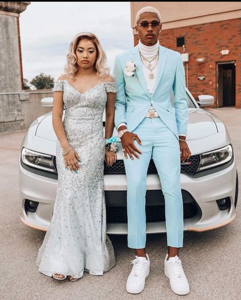 Light Blue Prom Suits, Groom Suit Summer, Matching Prom, Blue Prom Suit, Colored Suits, Prom Fits, Dark Blue Prom Dress, Prom Outfits For Guys, Light Blue Prom