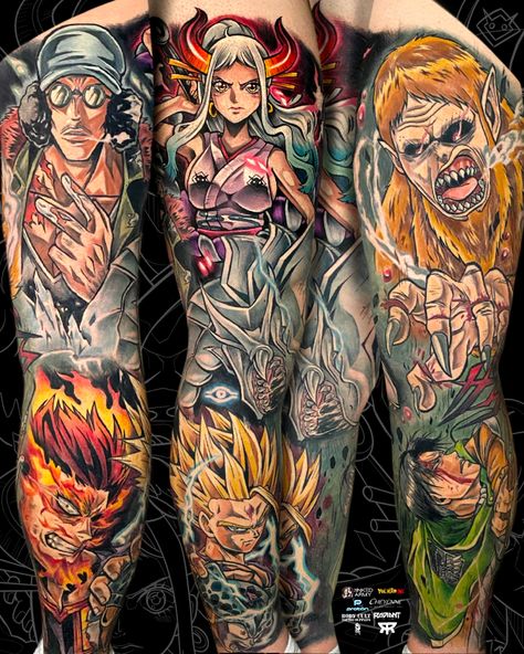 Anime Leg Sleeve Tattoo, Anime Sleeves, Full Leg Sleeve, Anime Tats, Calf Tattoo Men, Egyptian Tattoo Sleeve, Full Leg Tattoos, One Piece Full, Tattoo Leg