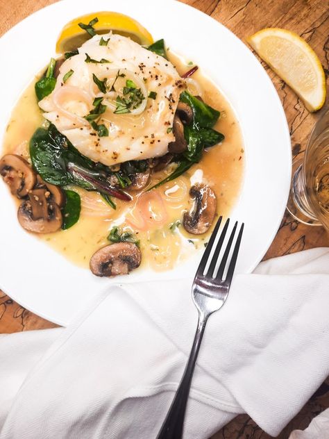 Roasted Cod with Spinach and Mushrooms - OUT WEST: Food & Lifestyle Cod Dinners, Cod With Spinach, Pescatarian Recipes Healthy, Shallot Sauce, Spinach And Mushrooms, Roasted Cod, Wilted Spinach, Dinner Prep, Pescatarian Recipes