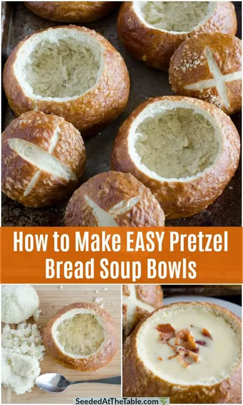 These homemade pretzel bread bowls are perfect for soups or dips. Try your hand at this easy bread bowl recipe now! Hawaiian Bread Bowl Recipe, Pretzel Bread Bowls, Bread Bowl For Soup, Chili Bread Bowl Recipe, Bread Recipes For Soup, Best Bread Bowl Recipe, Pretzel Bowl Recipe, Bread Soup Bowls, Pretzel Bread Bowl Recipe