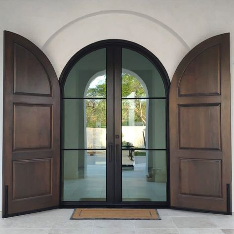 Massive Front Door, Arched Iron And Glass Door, Large Single Front Door, Mediterranean Entry Door, Big Double Doors Entrance House, Extra Tall Front Door, Tall Front Door Entrance, Tall Double Front Doors, Large Arched Front Door