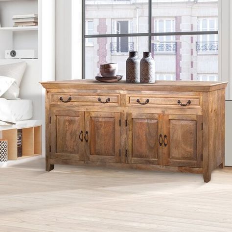 Kelly Clarkson Home Summit 72" Wide 3 Drawer Poplar Wood Buffet Table | Wayfair Rustic Sideboard Buffet, Natural Wood Sideboard, Side Cupboard, Large Cabinets, Sideboards And Buffets, Vermont House, Classy Dinner, Amp Storage, Mango Wood Sideboard